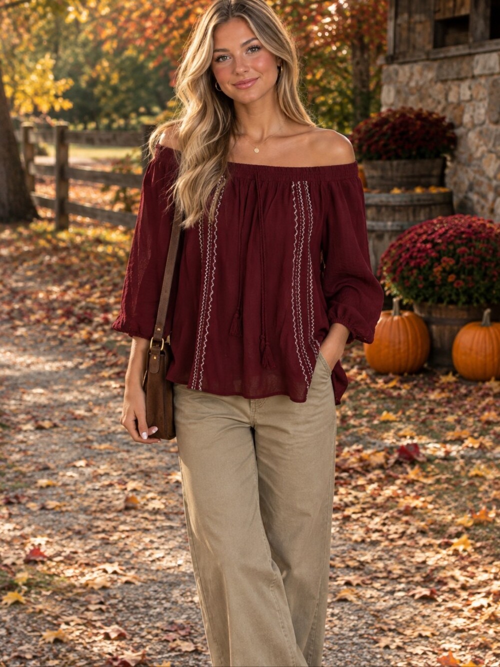 Rose & Grace NYC Blouse Medium Off Shoulder Maroon Peasant Embroidered Boho NEW